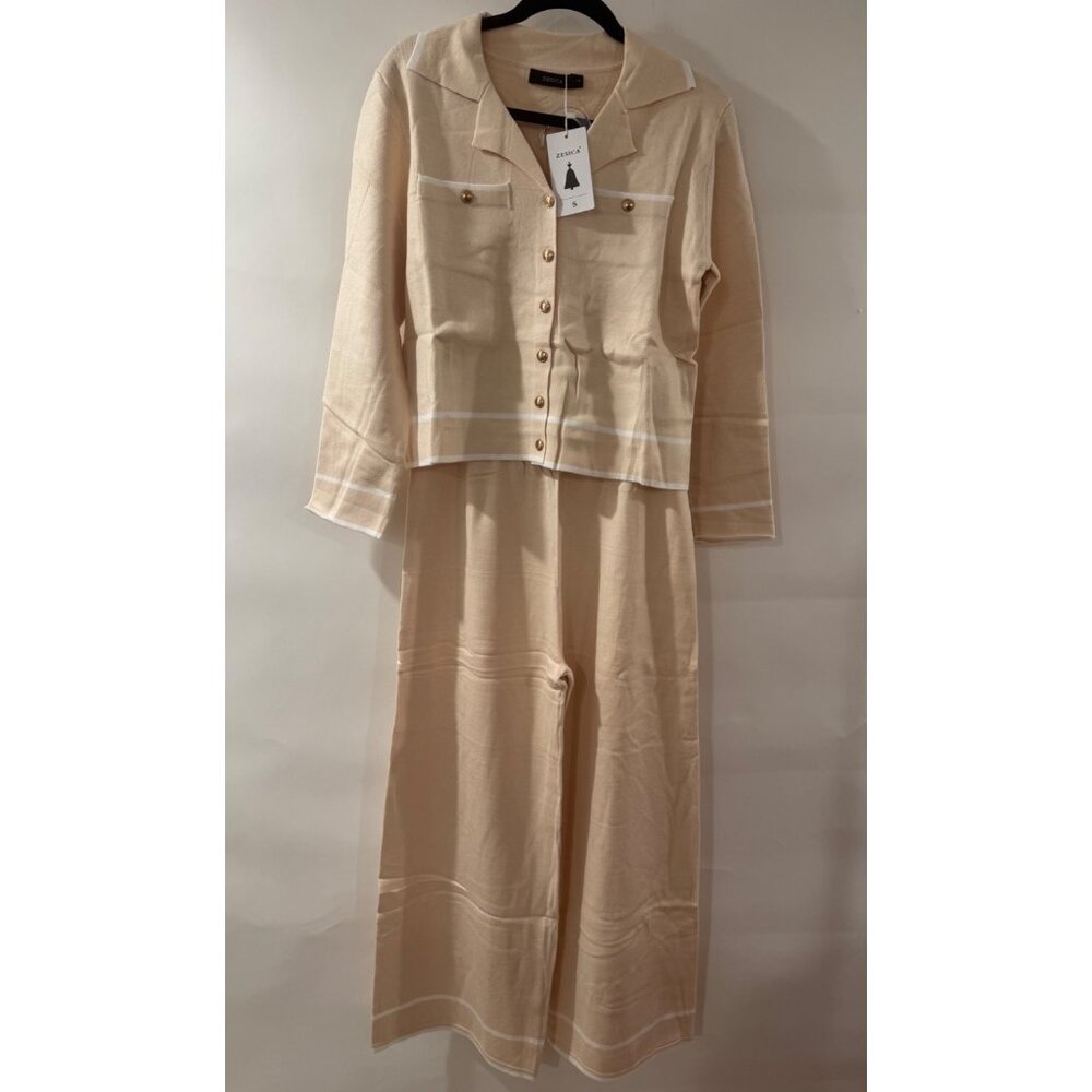 Zesica Womens Beige Knit Pant Set With Button-Down Lapel Top & Wide Leg Pants Co - Picture 4 of 4